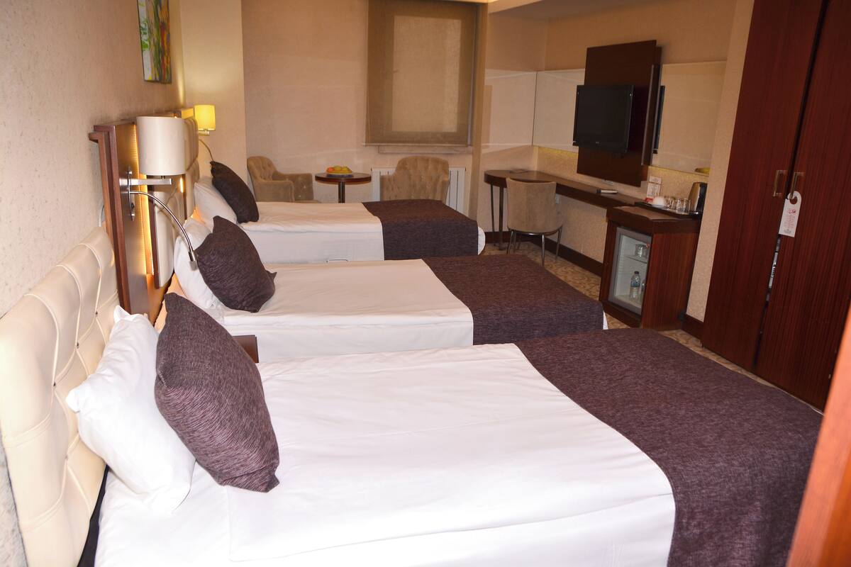 A hotel room with two beds, a desk, a chair, a television, and a minibar.