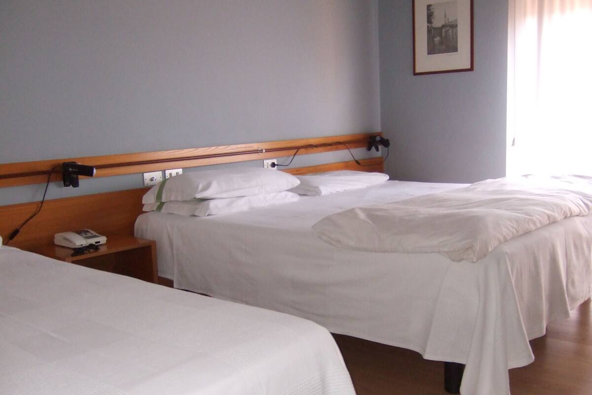 Una habitación de hotel con dos camas individuales, un cabecero de madera, una mesita de noche con teléfono y un cuadro enmarcado en la pared.