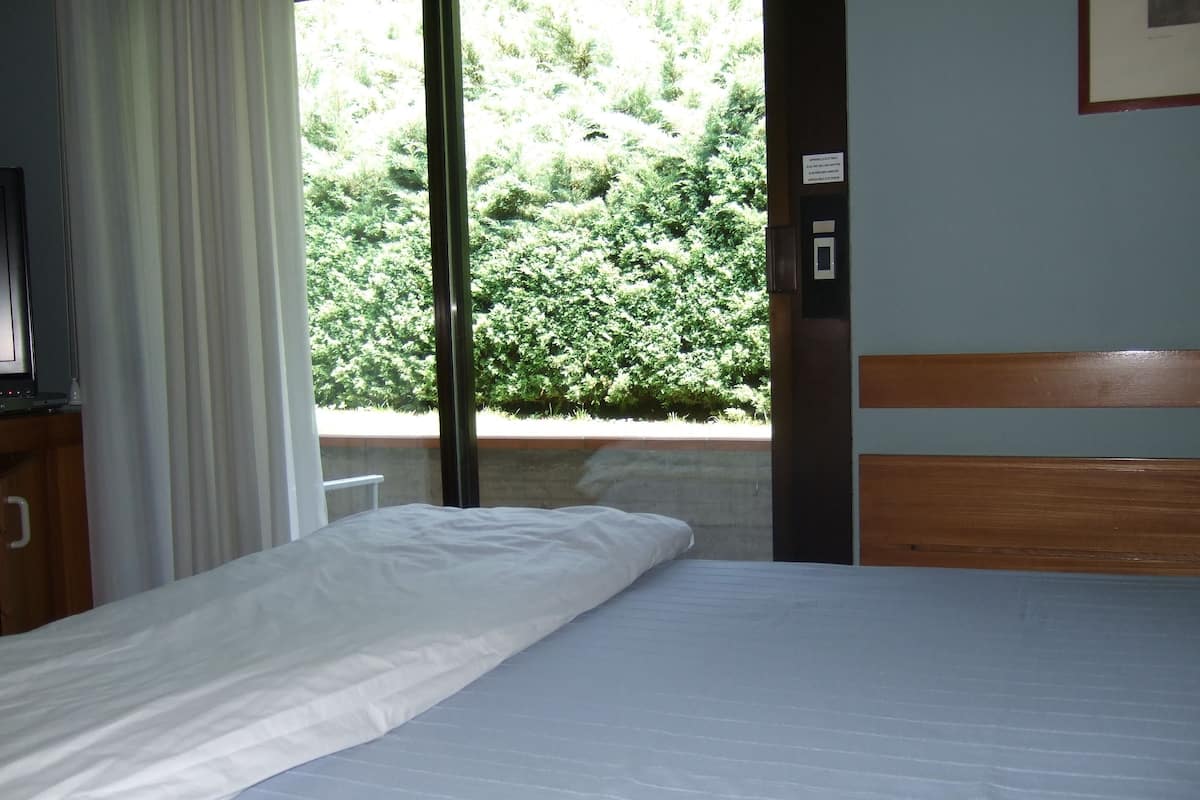Habitación de hotel con una cama, una ventana con cortinas, un cabecero de madera e interruptor de luz en la pared.