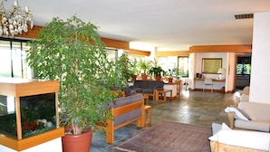 Un salón espacioso con una planta grande en maceta, una mesa de centro de madera y un sofá.