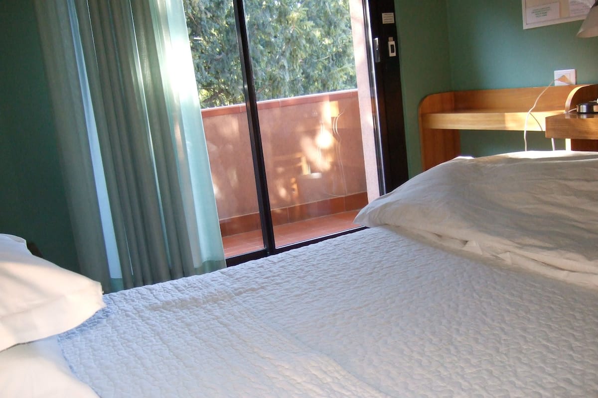 Habitación de hotel con cama, cabecera de madera, ventana con cortinas y vista a la vegetación.