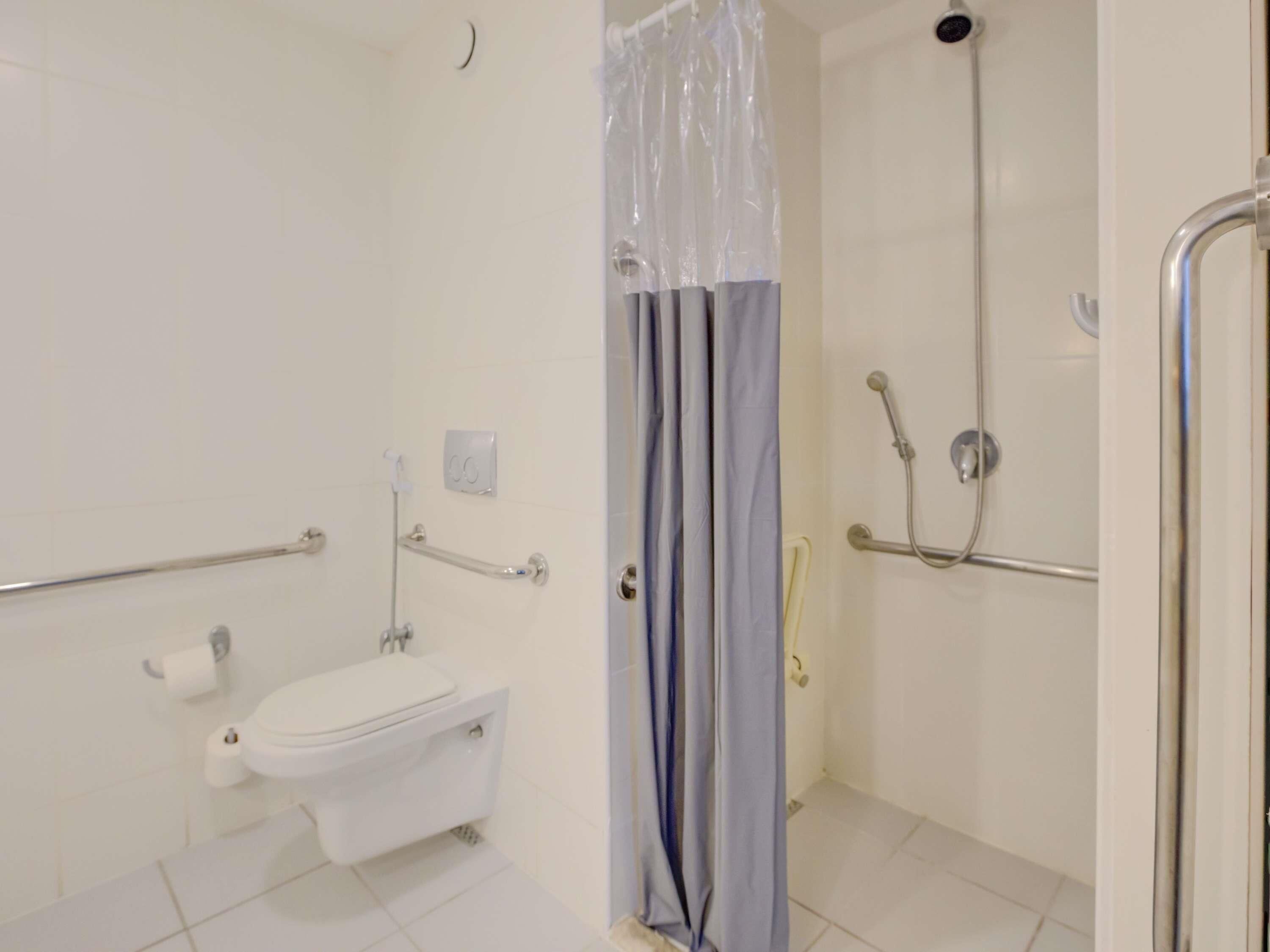 A bathroom with a toilet, a shower, and a grab bar.