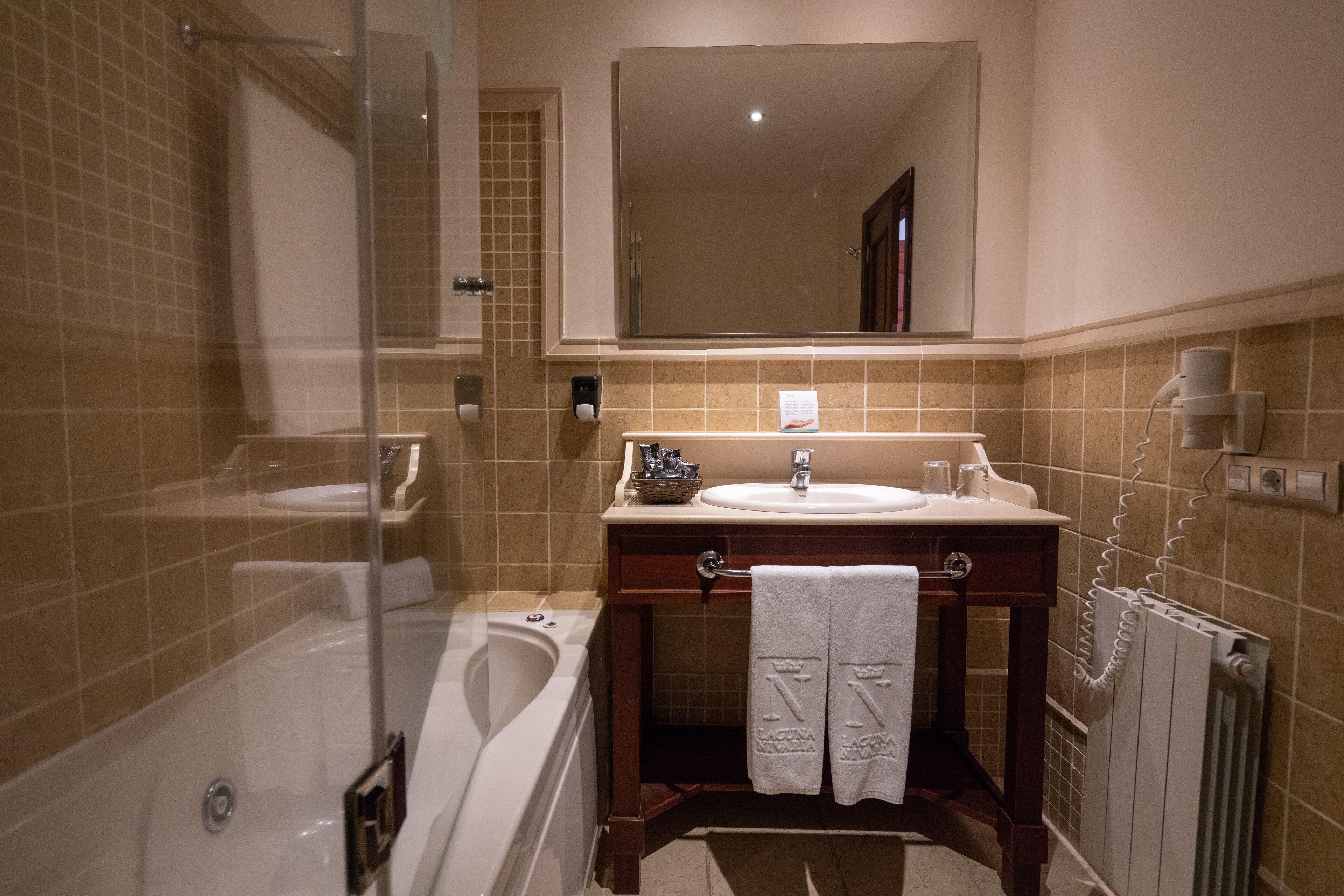 hair dryer, bidet, towels