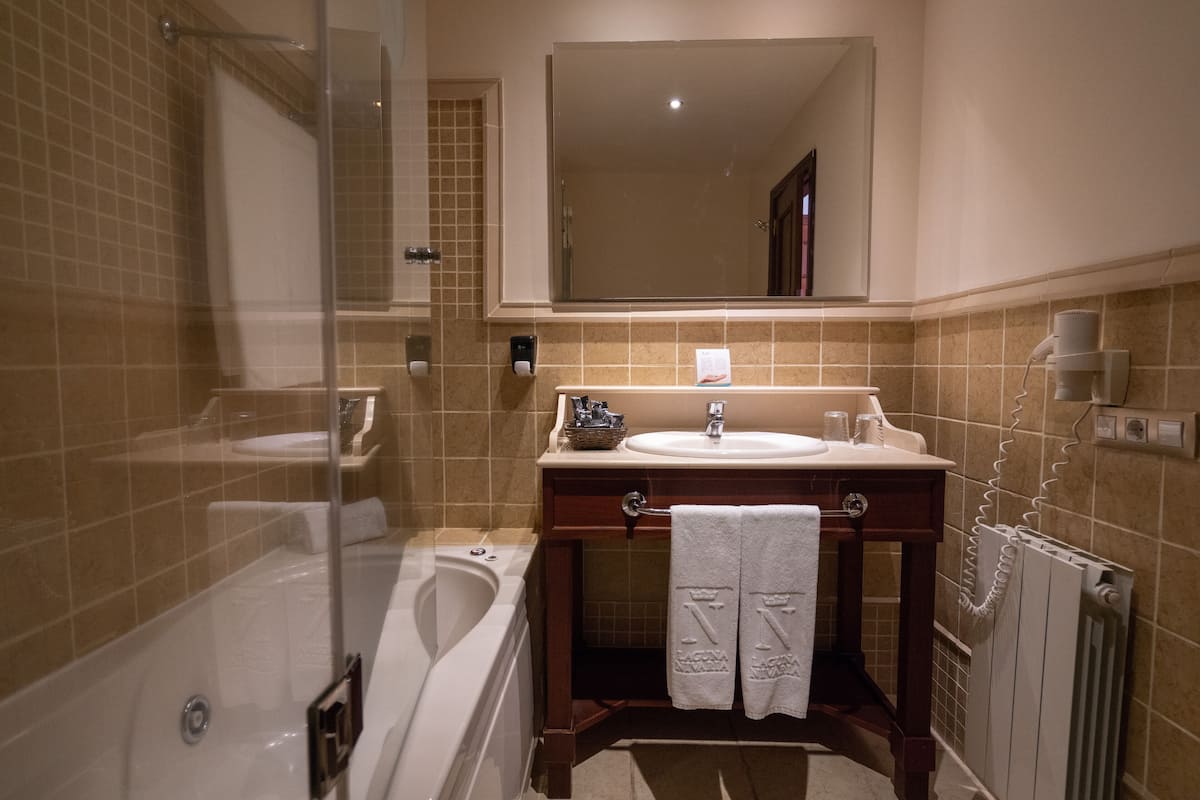 hair dryer, bidet, towels