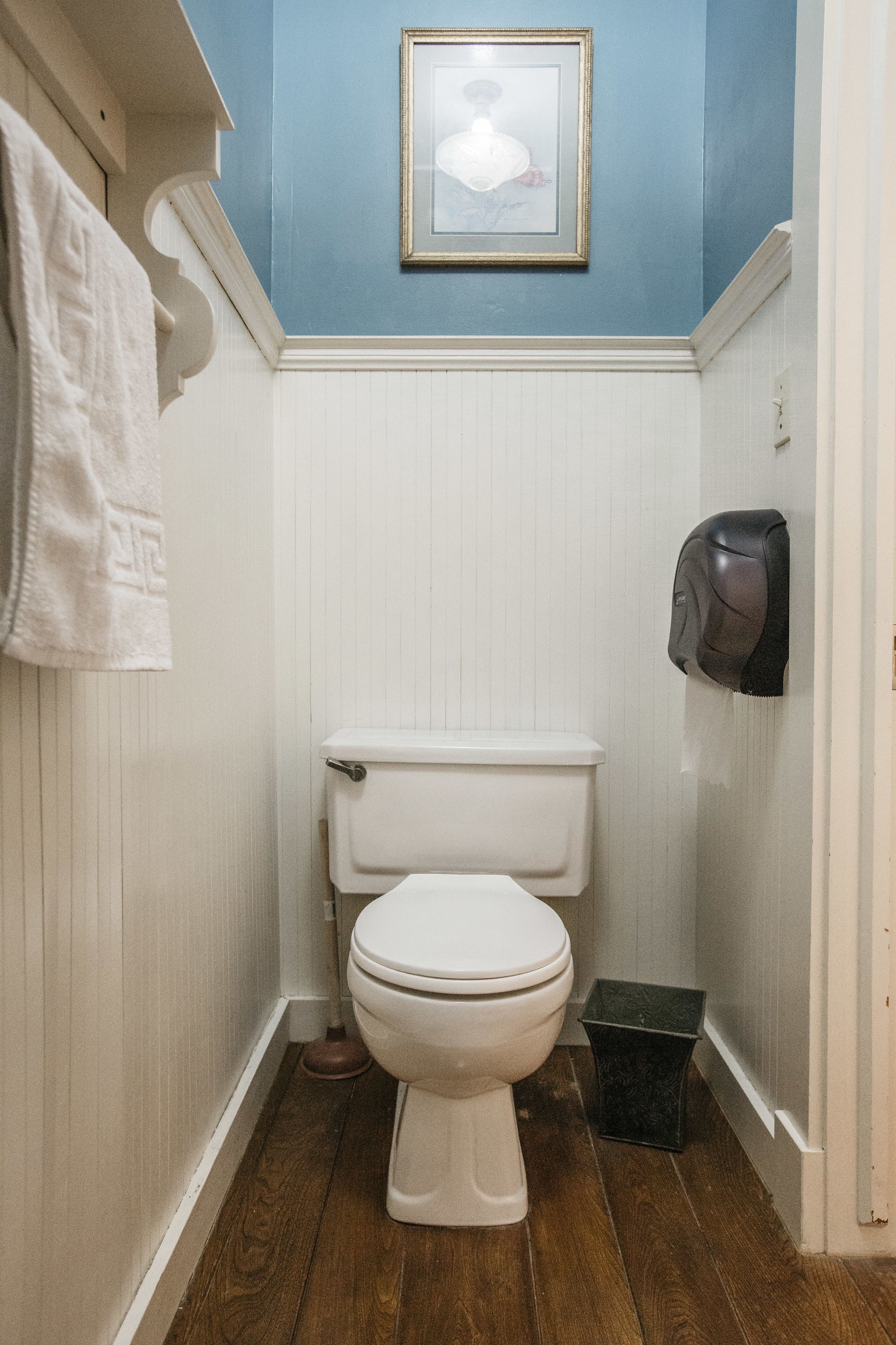 Casa de banho com sanita branca, um quadro na parede, uma toalha pendurada e um dispensador de sabonete.