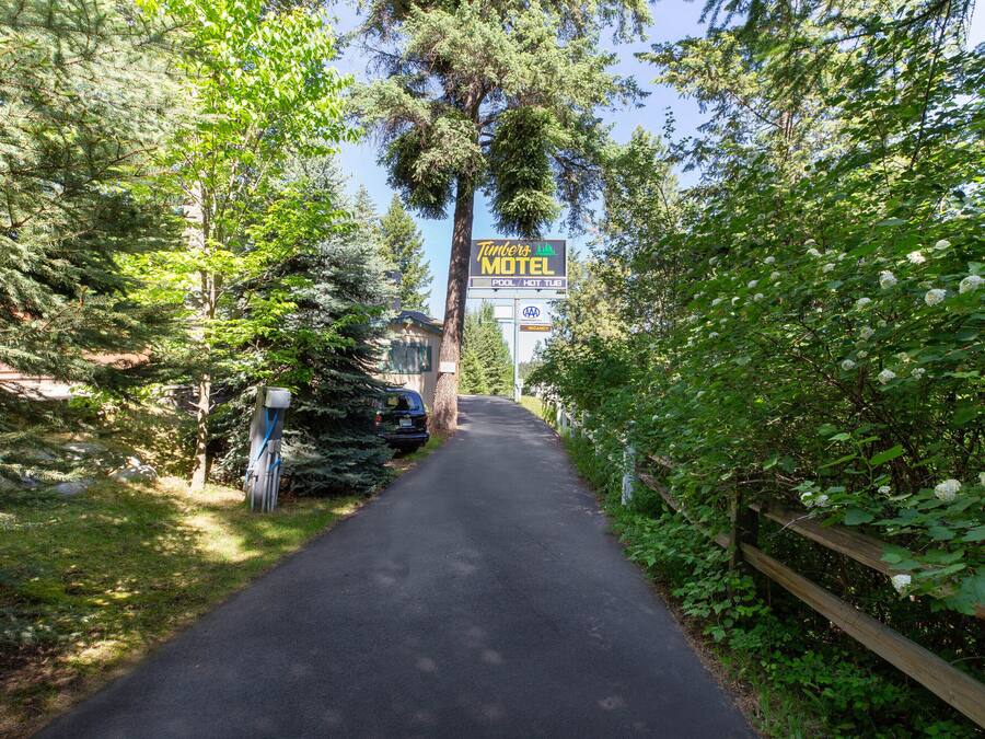 A road leading to a motel surrounded by dense greenery.