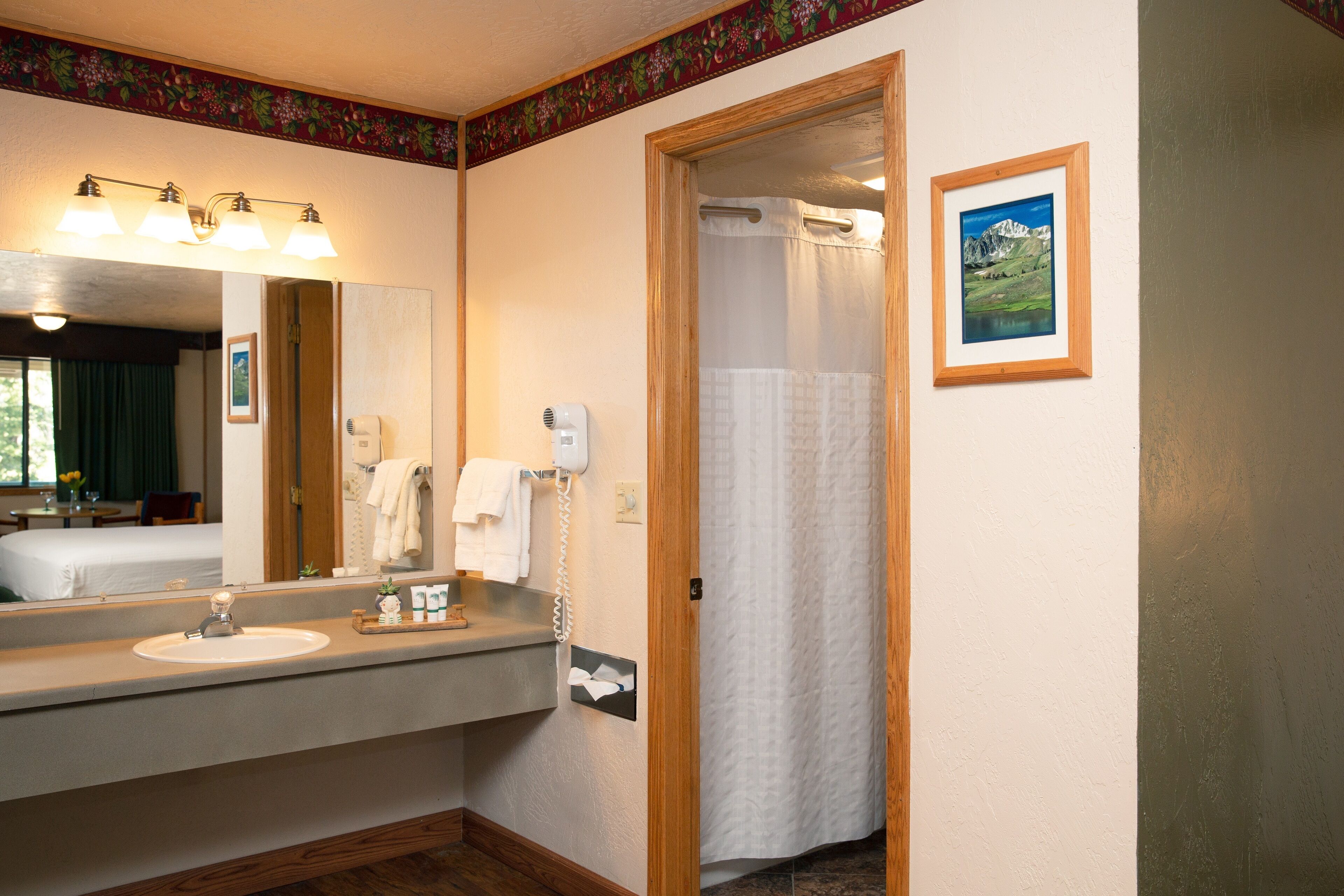 A bathroom with a sink, mirror, and shower curtain.