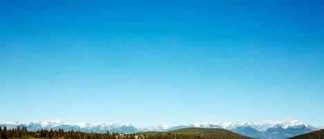 A lake with a forested shoreline and snow-capped mountains in the background.