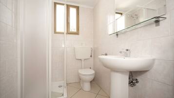 A bathroom with a toilet, sink, and glass shower enclosure.