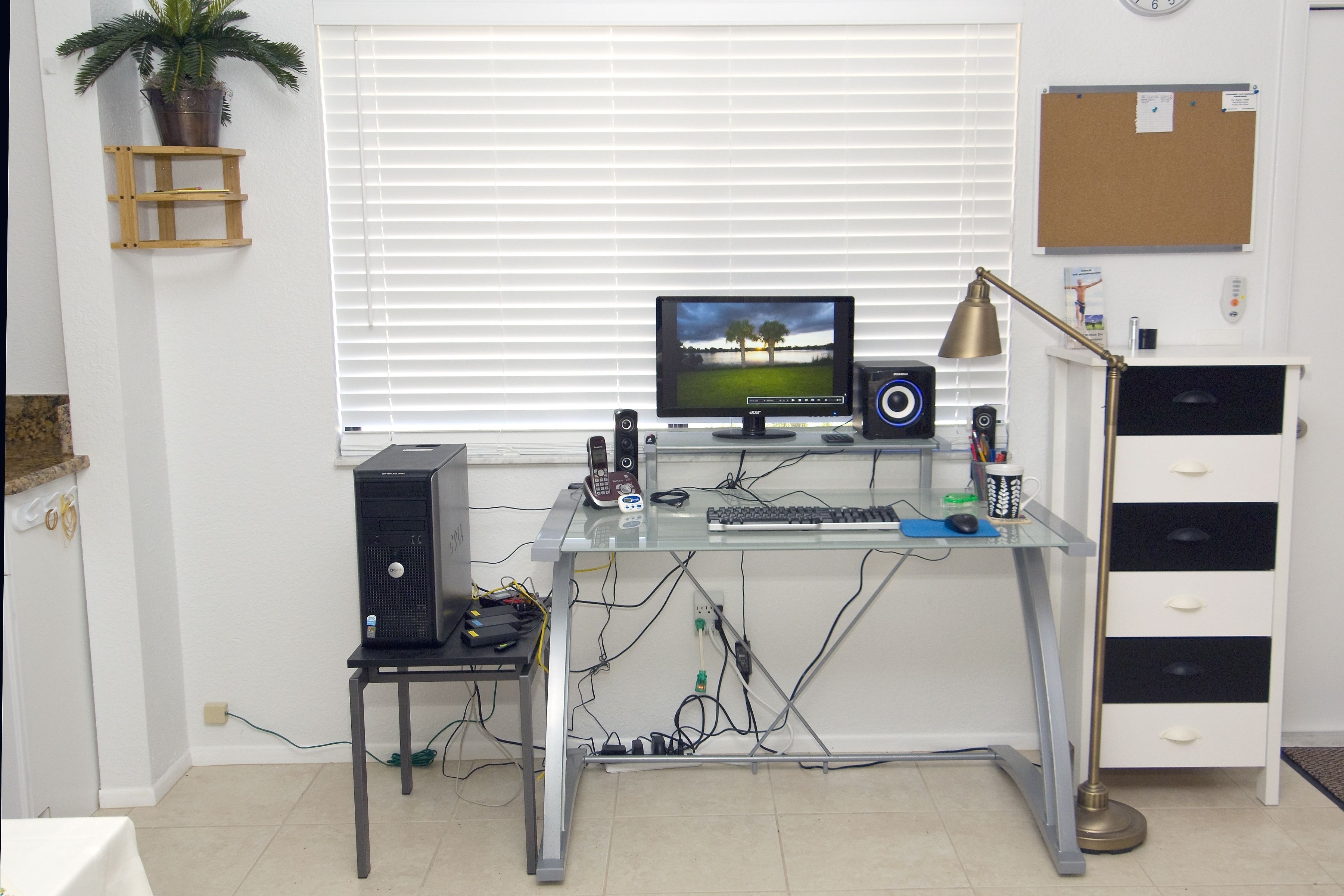 A home office with a desktop computer, monitor, keyboard, and speakers. There is a plant on the wall, a corkboard, and a desk lamp.