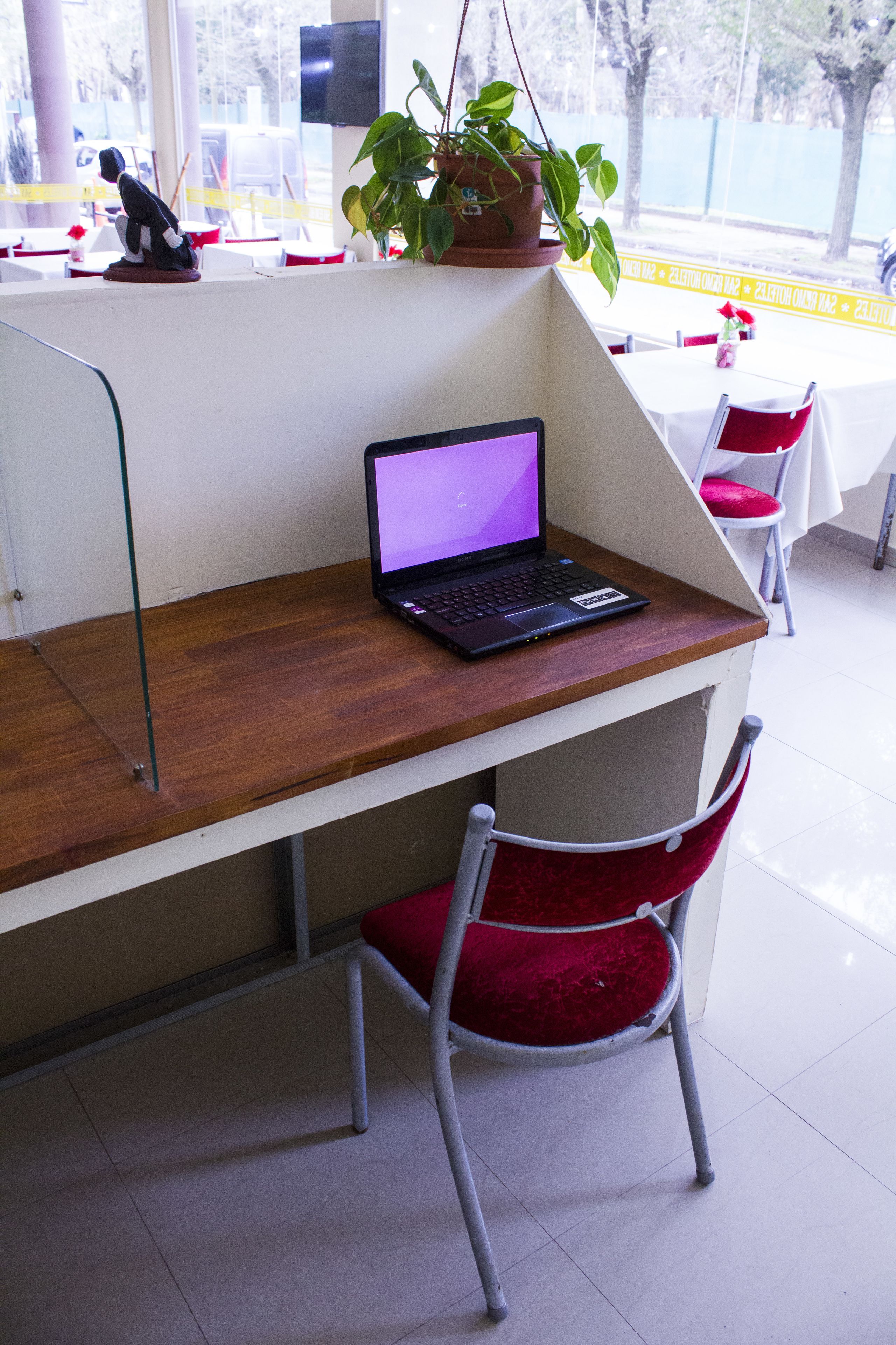 Un escritorio de madera con una computadora portátil, una silla roja y una planta en maceta.