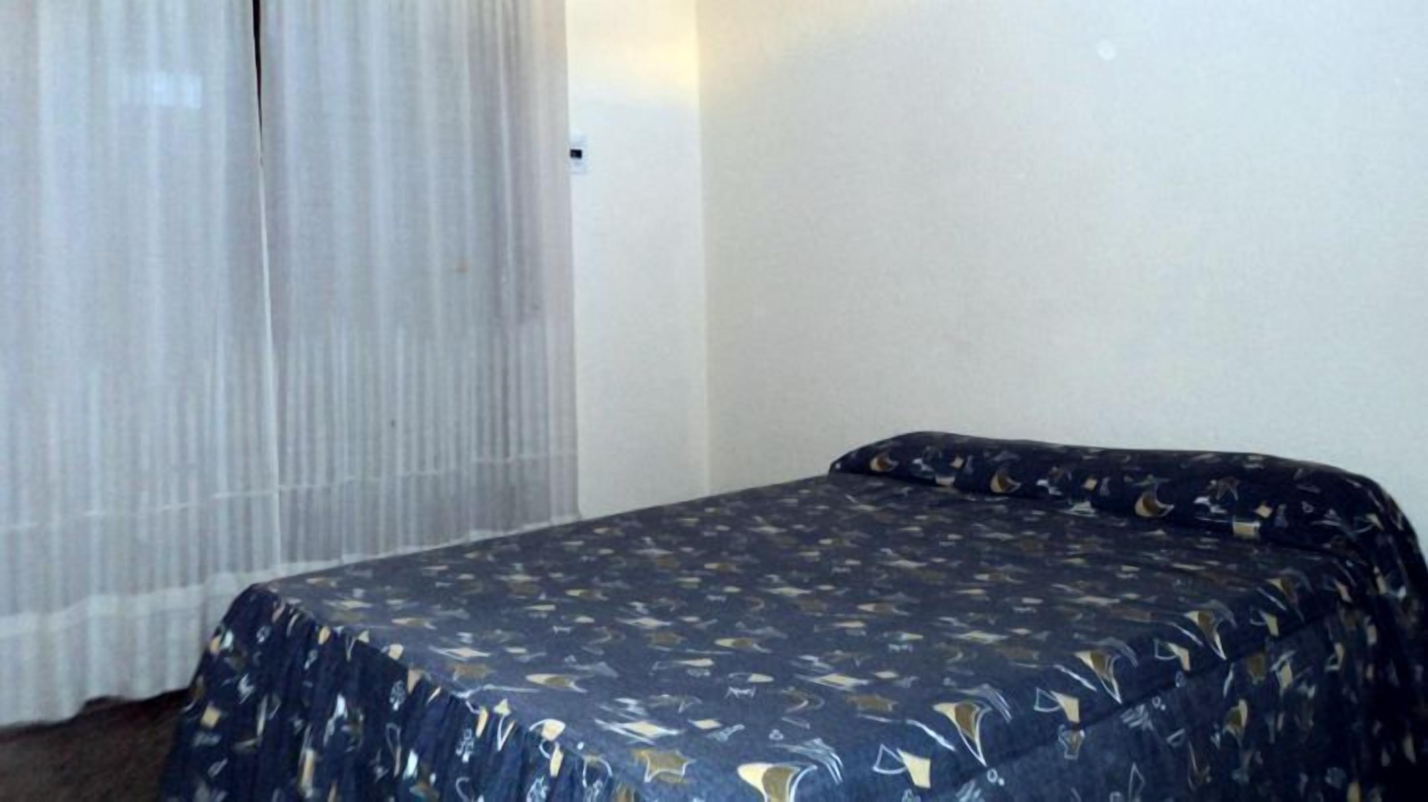 Una habitación con una cama, una cortina y una pared.