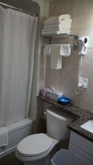 A bathroom with a shower curtain, a toilet, a towel rack with folded towels, a hairdryer, a tissue box, and a blue bowl on the countertop. - Robyn's Motel (Otonabee-South Monaghan)
