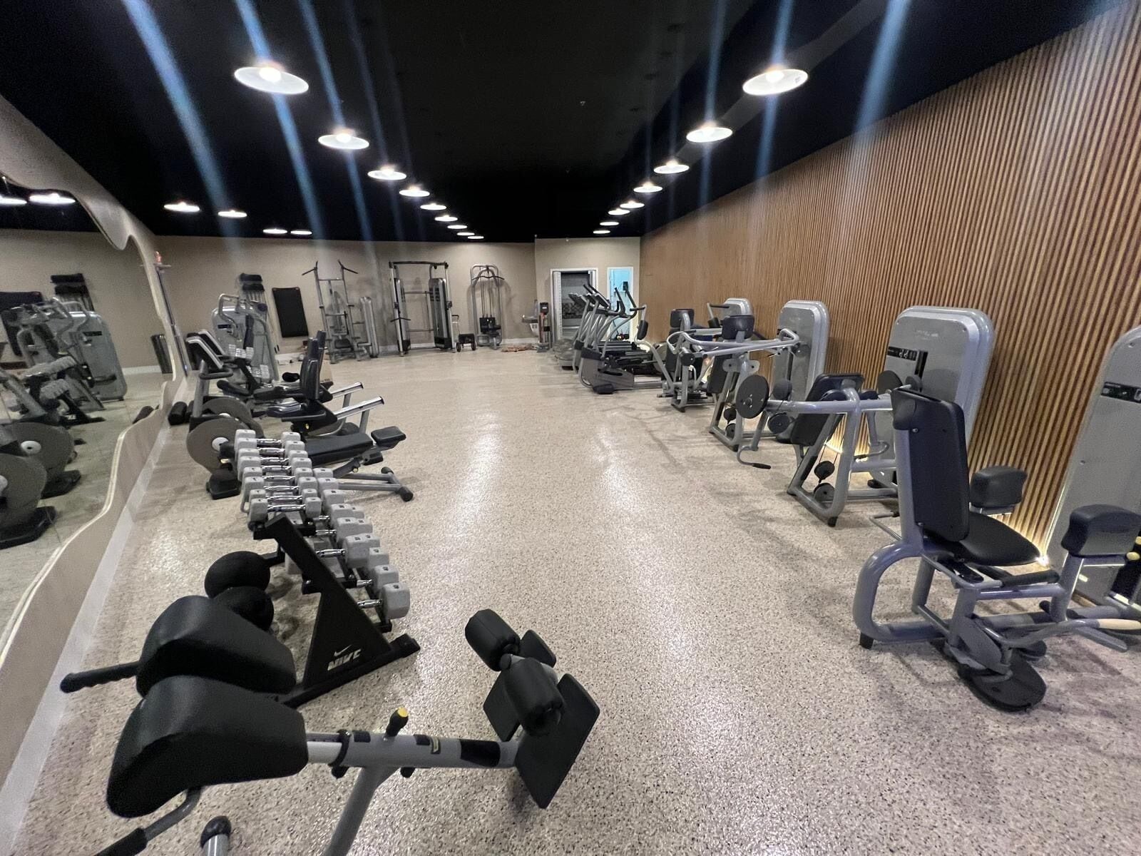Un gimnasio moderno con diversos equipos de ejercicio, incluyendo mancuernas, cintas de correr y máquinas de pesas.
