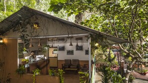 Un edificio rústico con zona de recepción, múltiples lámparas colgantes y varias plantas en macetas.