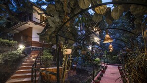 Un pasillo cubierto con plantas en macetas, una escalera y un candelabro colgante.