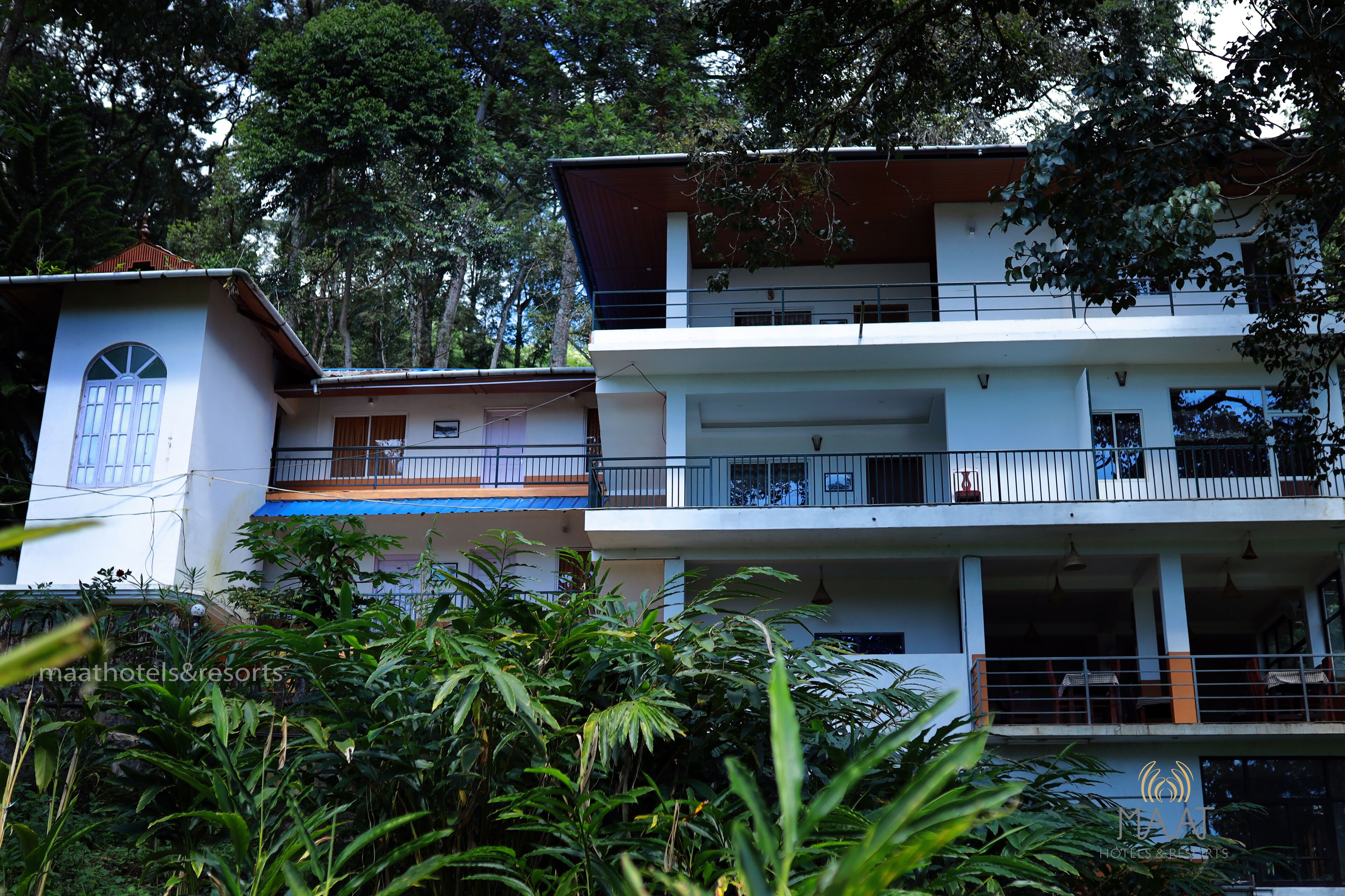 A multi-story building with balconies, surrounded by dense foliage.