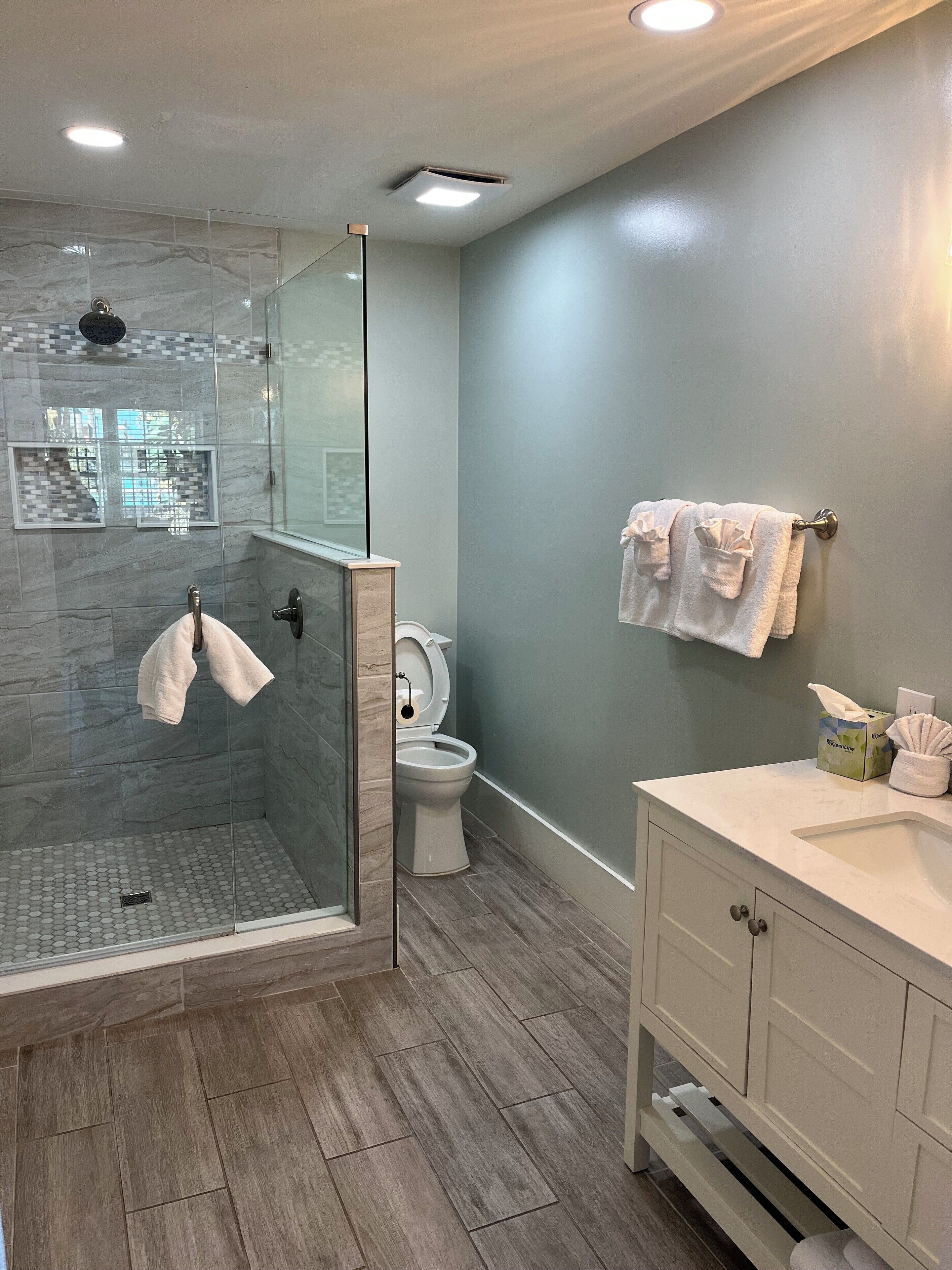 A modern bathroom with a glass-enclosed shower, a toilet, and a vanity with a sink.