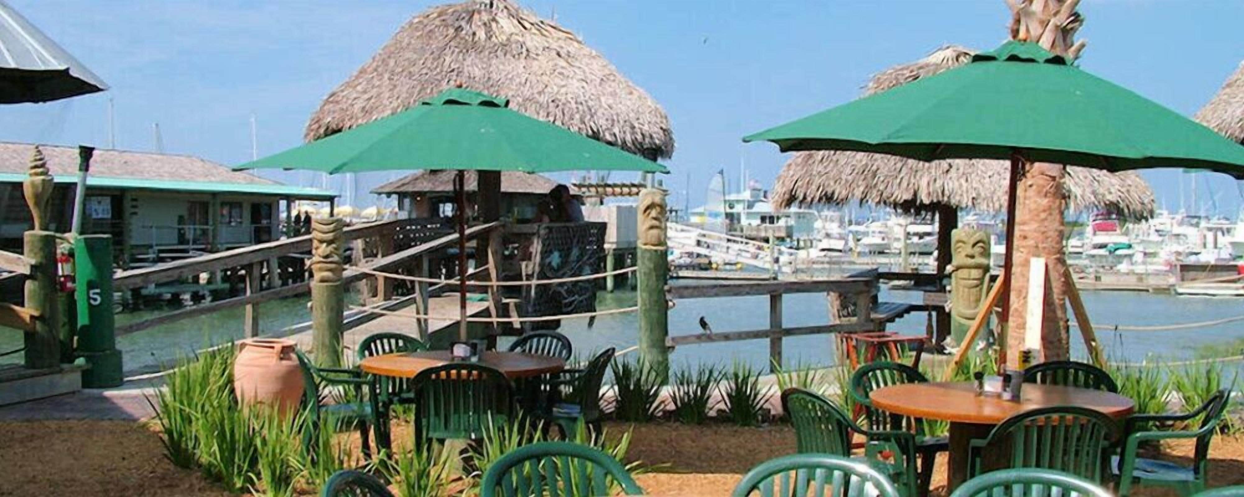 An outdoor seating area with green chairs and tables, thatched umbrellas, and a view of a marina with boats.