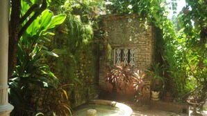 A lush garden with a stone fountain, surrounded by various plants and a brick wall.