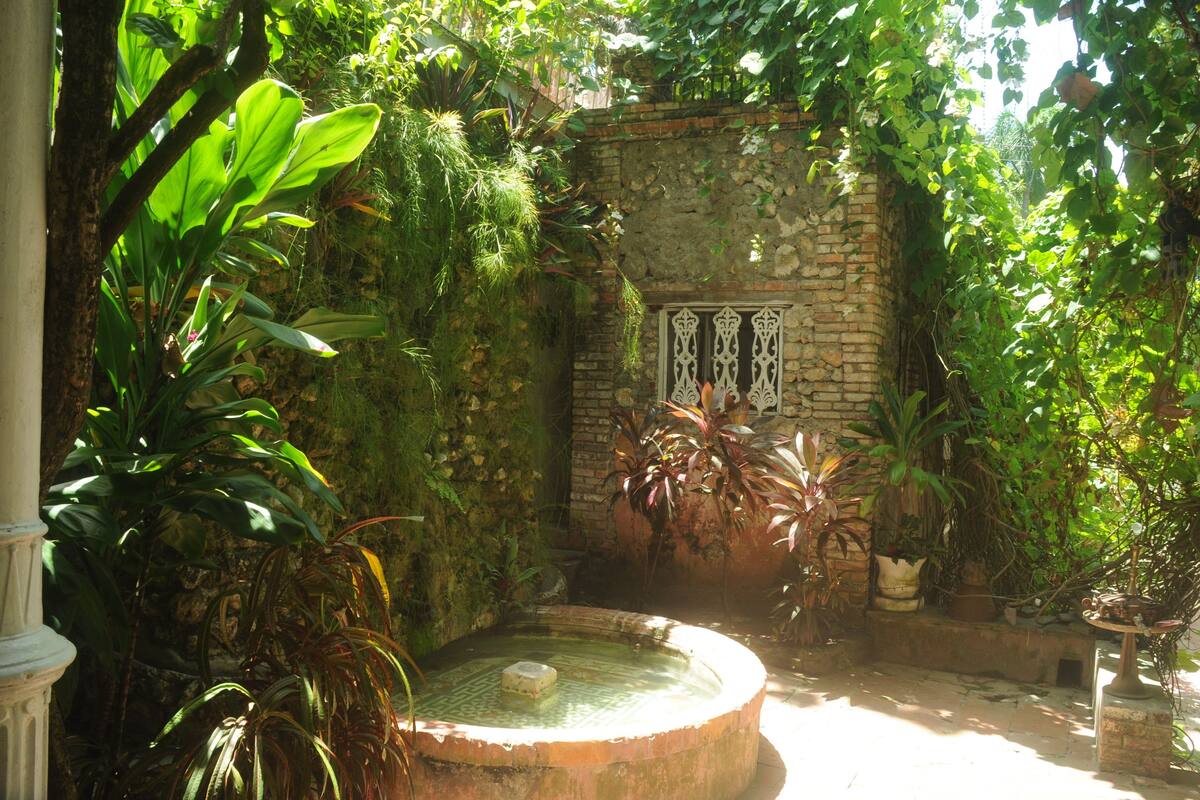 A lush garden with a stone fountain, surrounded by various plants and a brick wall.