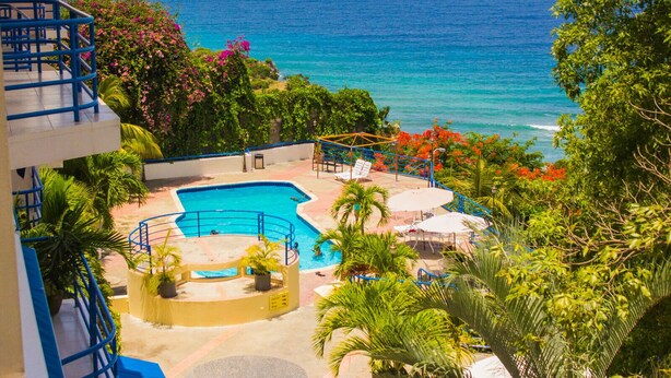 A pool area with a view of the ocean, surrounded by greenery and palm trees. - Cap Lamandou Hotel (Jacmel)