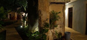 A dimly lit courtyard with a water feature, a stone wall with plants, and a door leading to a room.