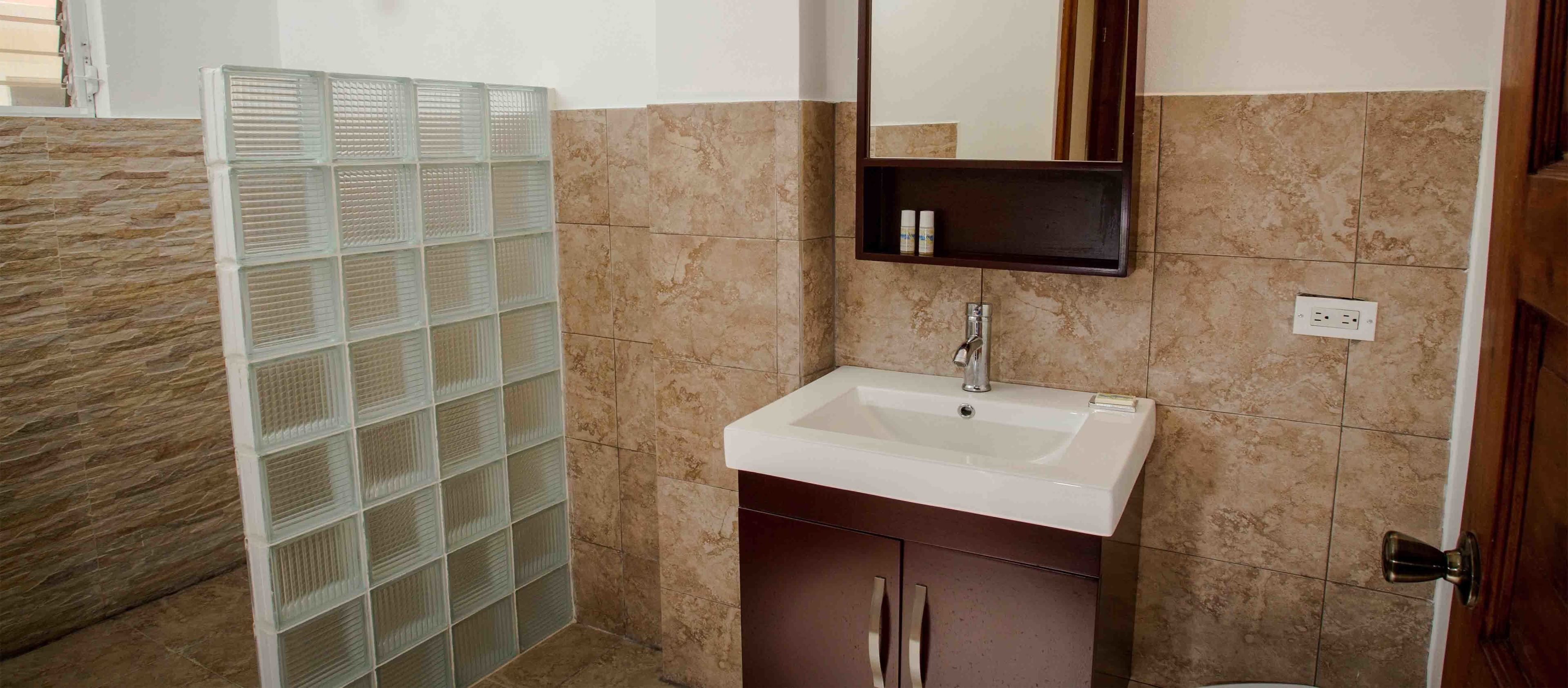 Une salle de bain avec un lavabo blanc, un miroir et une douche en verre.