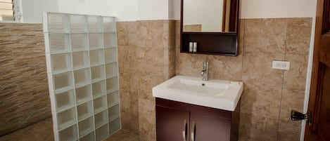 Une salle de bain avec un lavabo blanc, un miroir et une douche en verre.