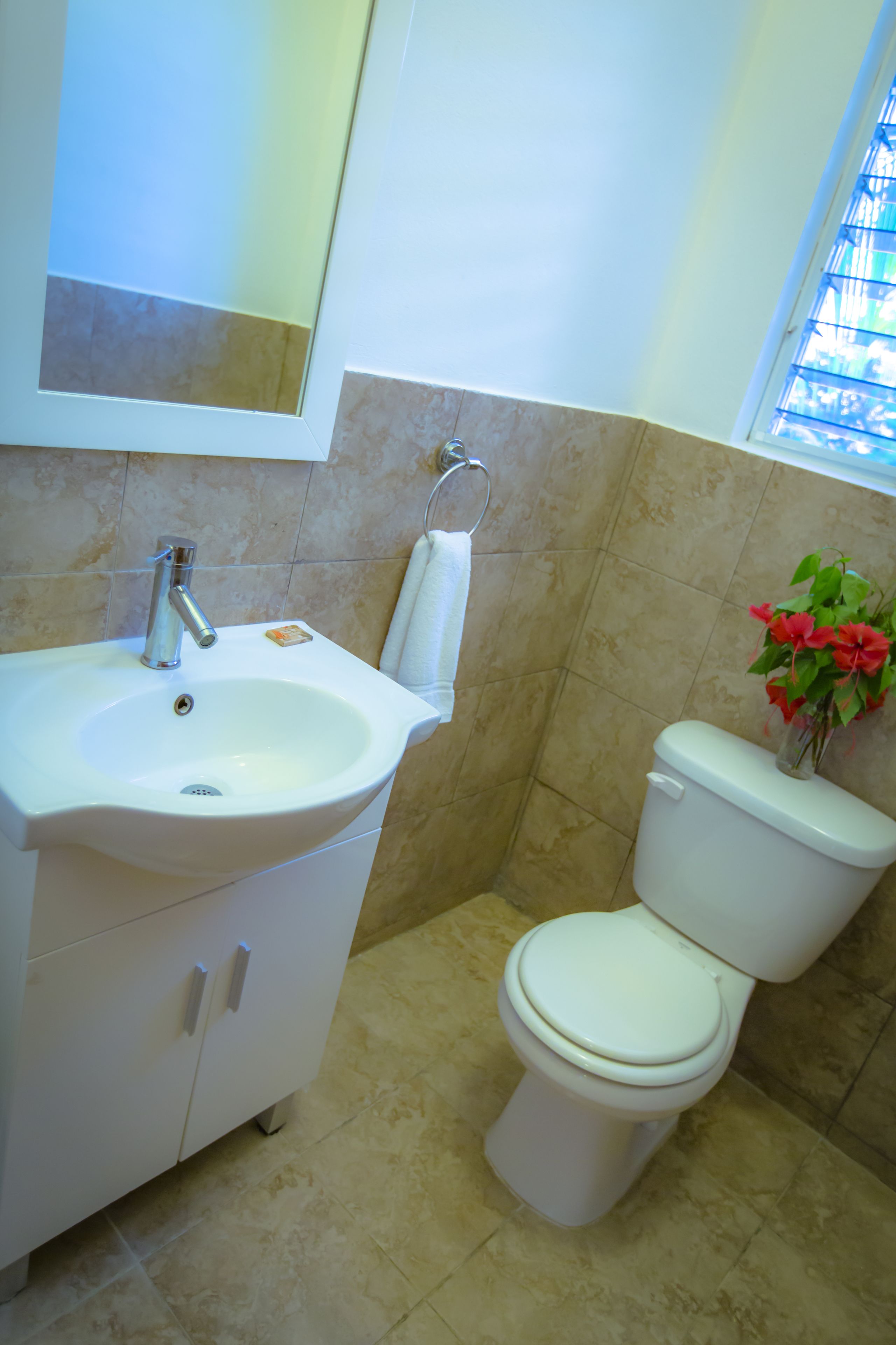 A bathroom with a sink, toilet, and a window.