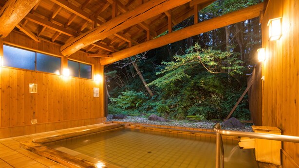 Un spa en bois doté d’un bain à eau chaude, de murs en bois et offrant une vue sur une zone boisée.