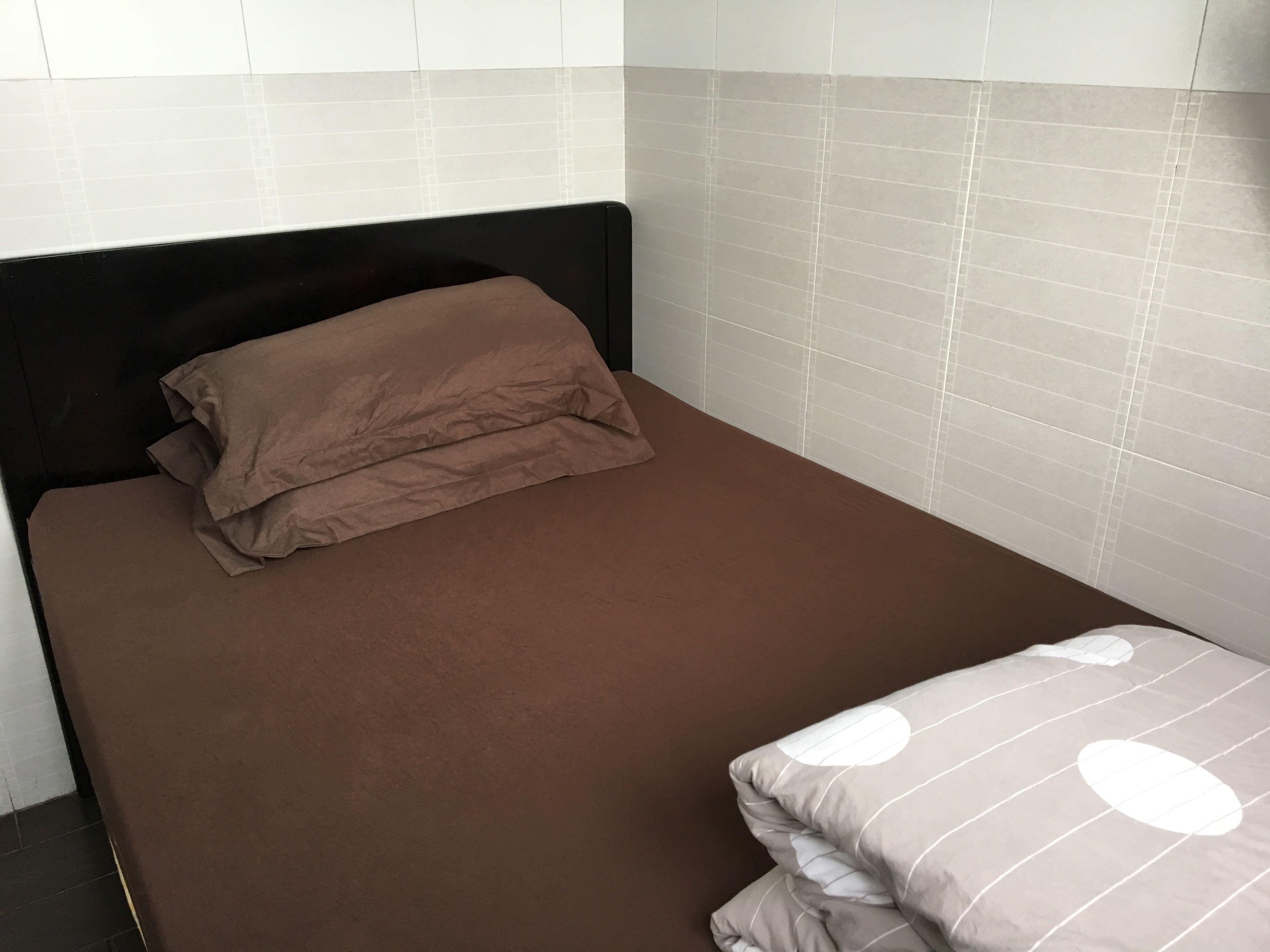 A single bed with a brown mattress and a matching pillow, a white wall with a grid pattern, and a partial view of a window.