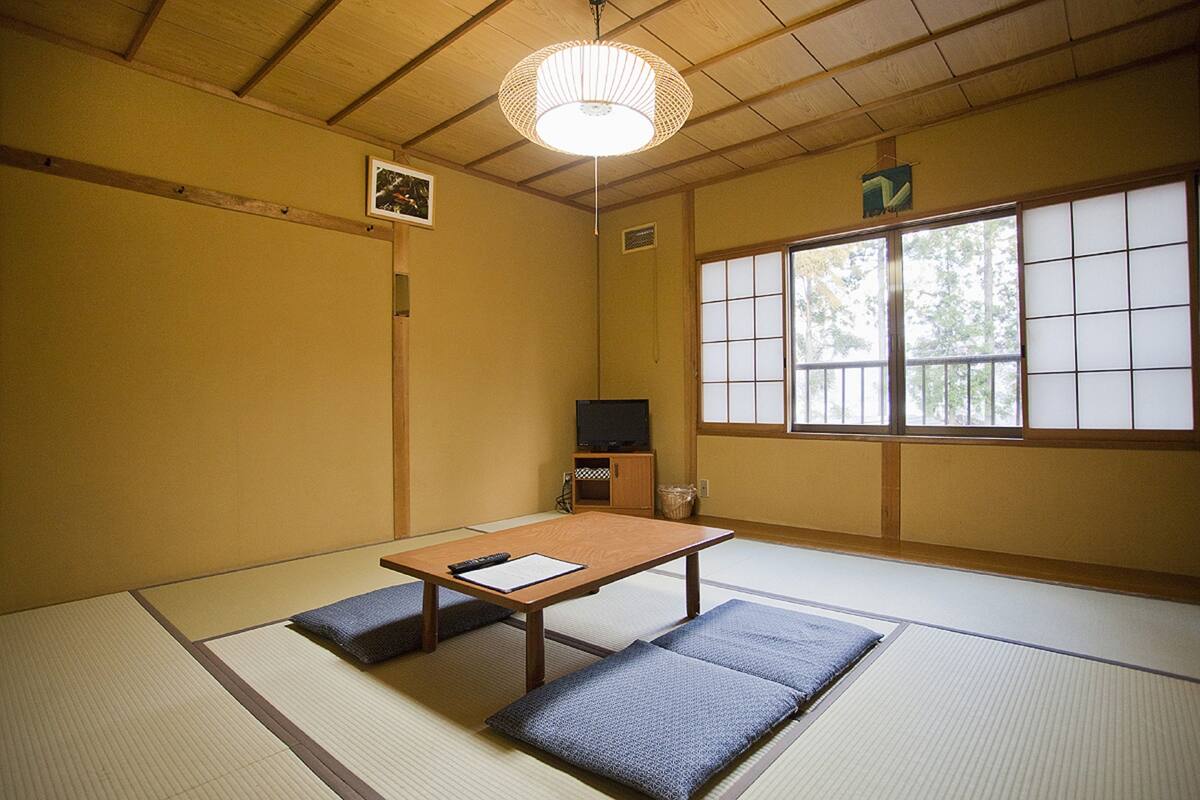 A traditional Japanese room with tatami flooring, a low table, cushions, a television, and a sliding door with a view of greenery.