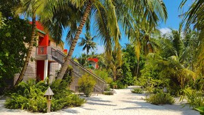 A tropical resort with a wooden staircase leading to a red-roofed building, surrounded by lush greenery and palm trees. - The Barefoot Eco Hotel (Hanimaadhoo)