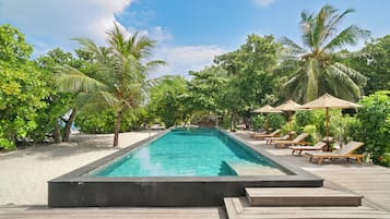 Outdoor pool, pool umbrellas, pool loungers