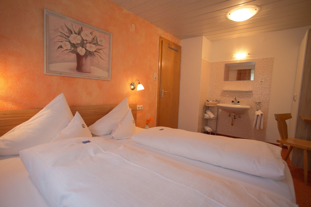 Habitación de hotel con dos camas, cabecera de madera, un cuadro de flores, lámpara de noche, baño con lavabo y espejo, y una silla de madera.