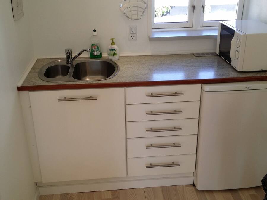 A compact kitchen with a sink, a microwave, and a refrigerator.