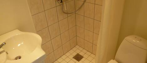 A bathroom with a sink, toilet, and shower.