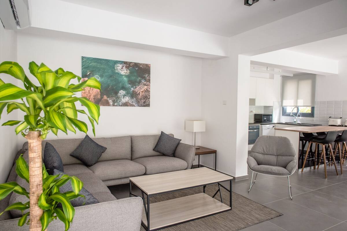A modern living room with a grey sofa, a coffee table, and a plant.