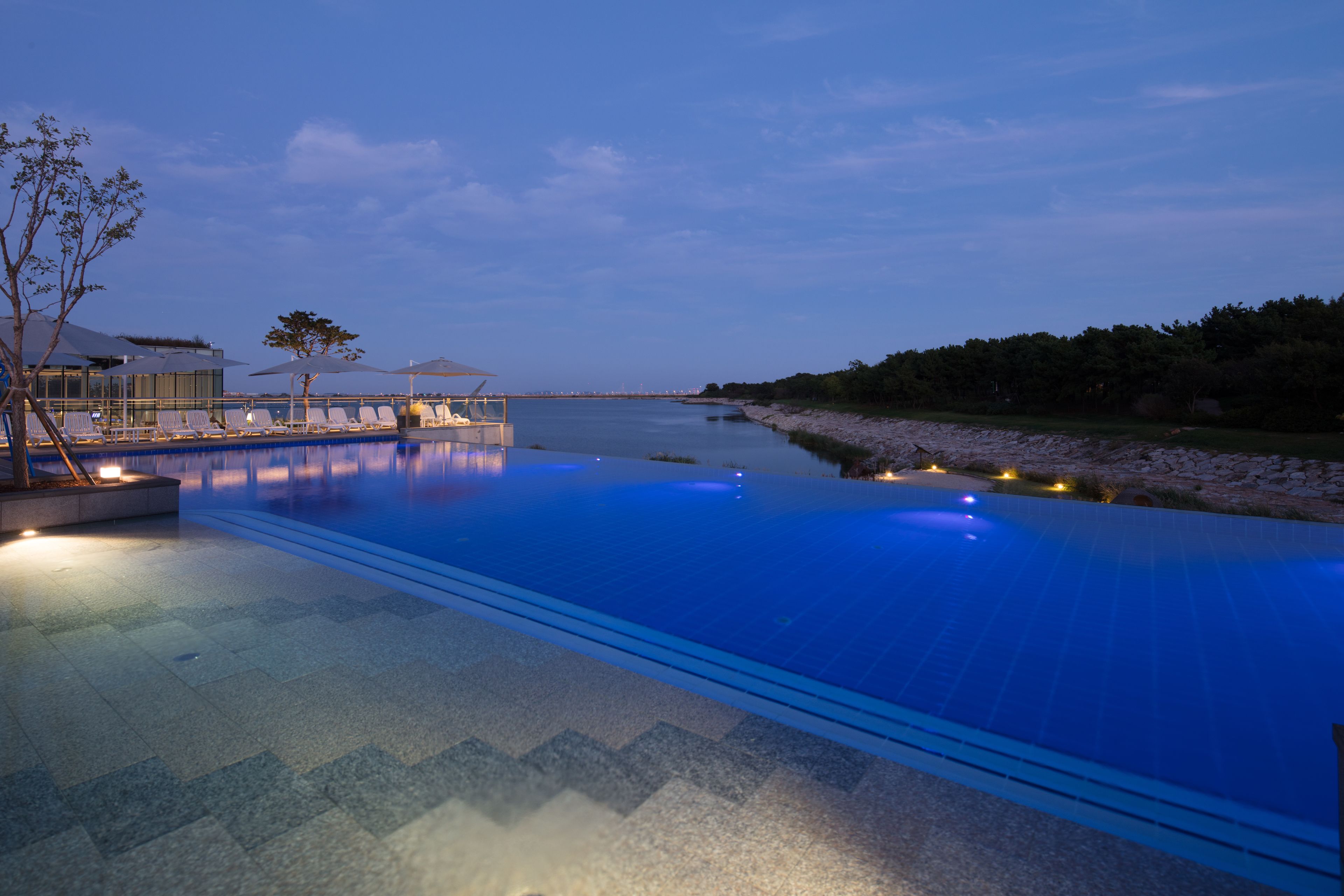 A serene infinity pool with clear blue water, surrounded by lounge chairs and umbrellas, set against a backdrop of trees and a distant shoreline.