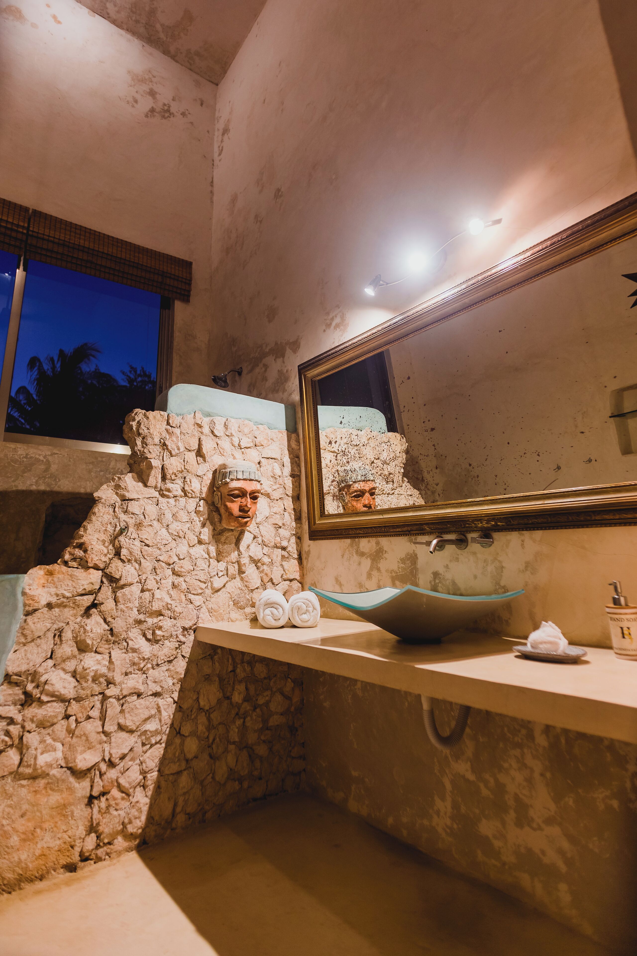 master suite | bathroom | shower, hair dryer, towels, soap