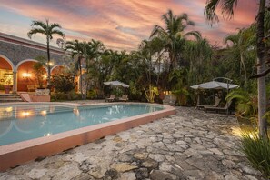 Outdoor pool, pool umbrellas, pool loungers