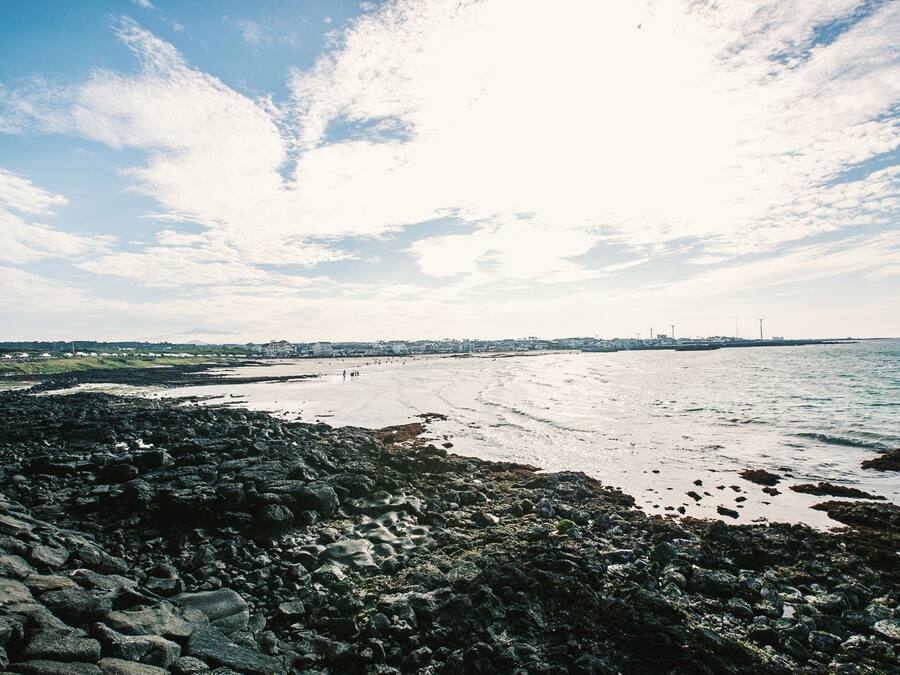A rocky beach with a view of the sea and distant buildings.
