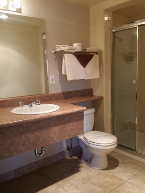 A bathroom with a sink, toilet, and shower. - Tamarack Motor Inn (Rocky Mountain House)