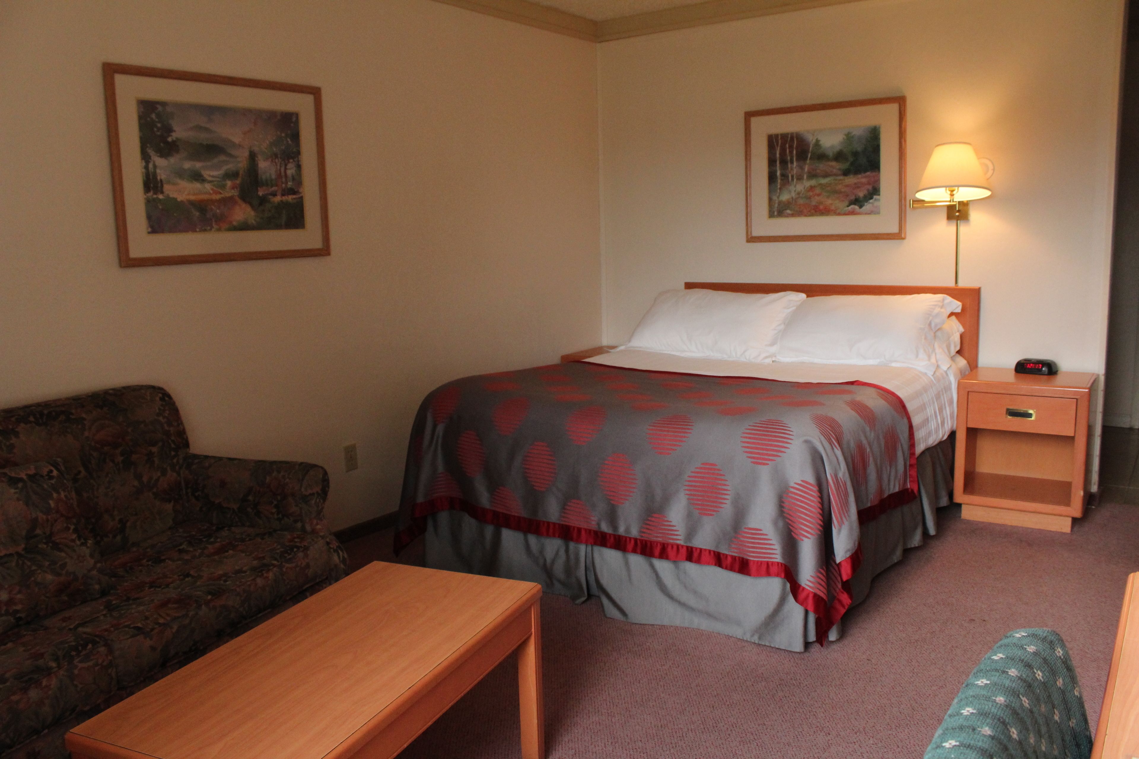Une chambre d’hôtel avec un lit, une table de chevet, une lampe, un canapé et une petite table.
