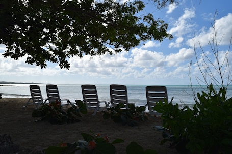 On the beach, sun-loungers, kayaking. Auberge du Rayon Vert