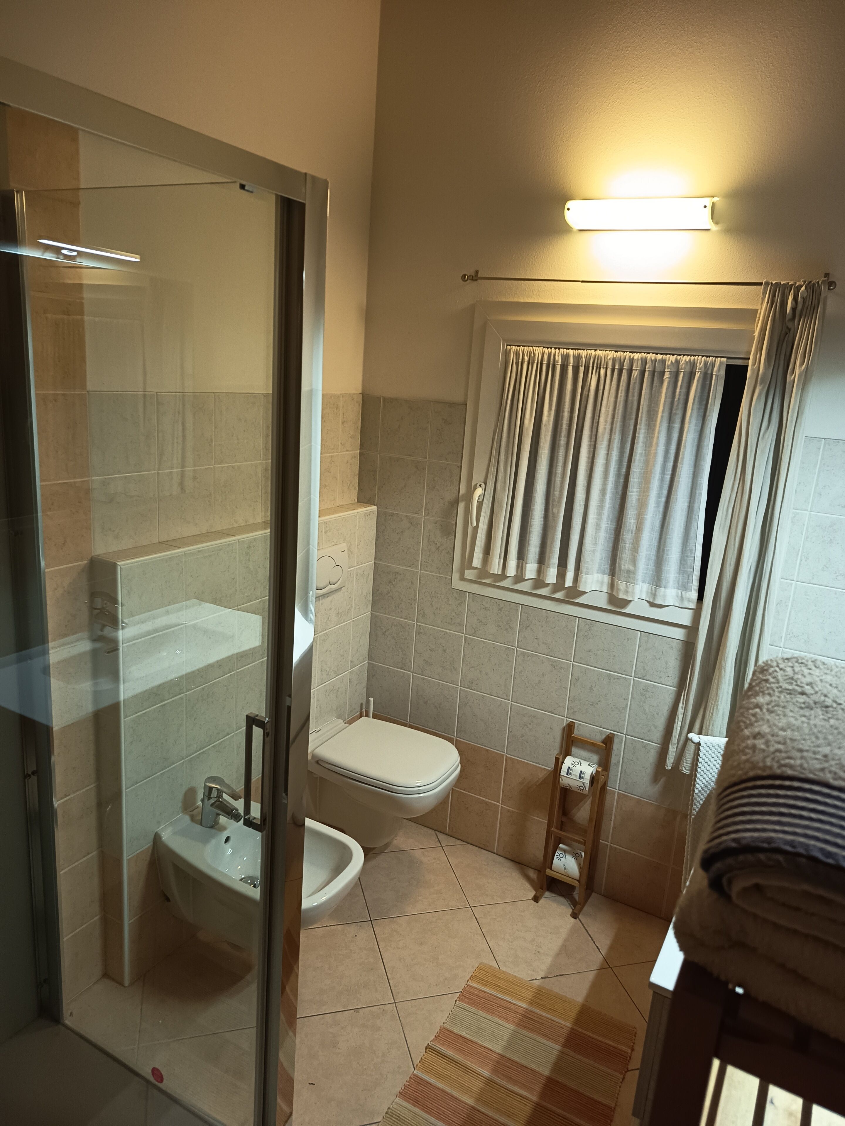 Un baño con cabina de ducha de vidrio, inodoro, bidé, lavamanos y toallero.