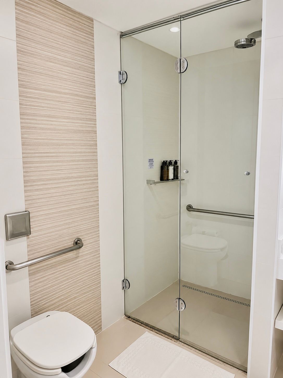 A modern bathroom with a glass shower enclosure, a toilet, and a sink.