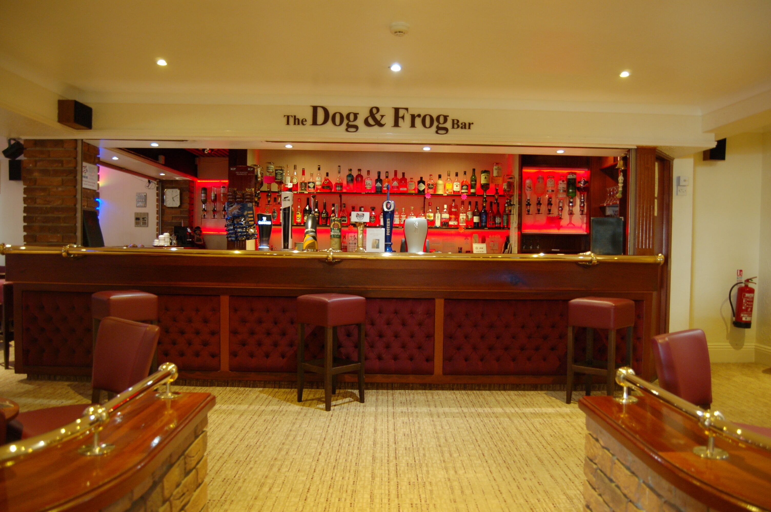 A bar area with a sign reading "The Dog & Frog Bar," featuring a bar counter, stools, and a variety of bottles.
