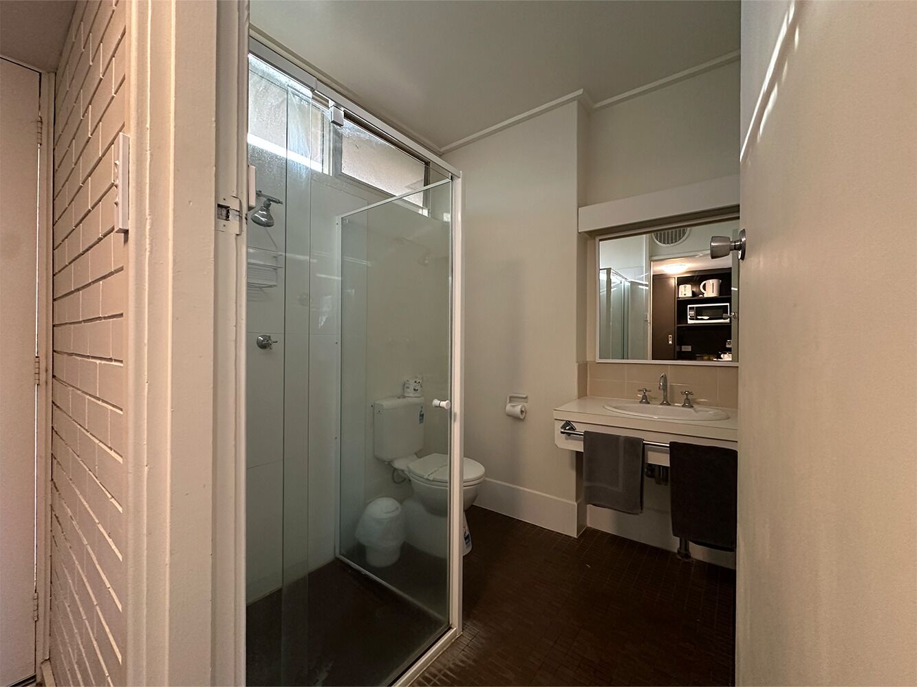 A bathroom with a glass shower enclosure, a toilet, a sink, and a mirror.